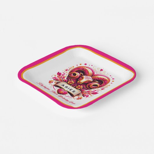 牡羊座〔占星術の〕十二宮図サインピンクとオレンジラム誕生日 ペーパープレート (傾斜あり)