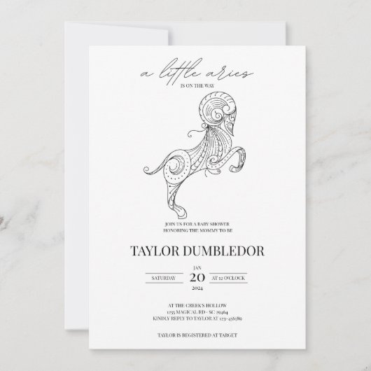 牡羊座〔占星術の〕十二宮図星状星占い赤ちゃんシャワー 招待状 (正面)