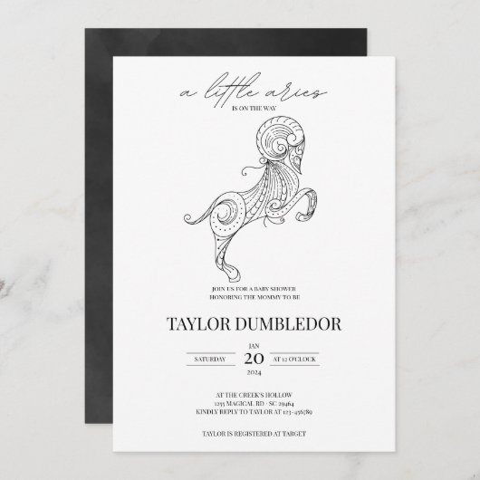 牡羊座〔占星術の〕十二宮図星状星占い赤ちゃんシャワー 招待状 (正面/裏面)