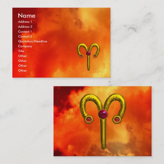 牡羊座，金ゴールド〔占星術の〕十二宮図標識，赤い黄色の炎 名刺 (正面/裏面)