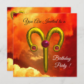 牡羊座、金ゴールド〔占星術の〕十二宮図誕生日パーティレッドイエロースカイ 招待状 (正面/裏面)