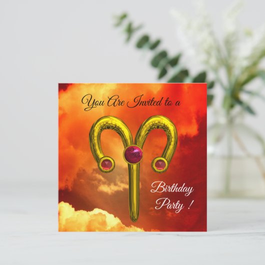 牡羊座、金ゴールド〔占星術の〕十二宮図誕生日パーティレッドイエロースカイ 招待状 (スタンド正面)