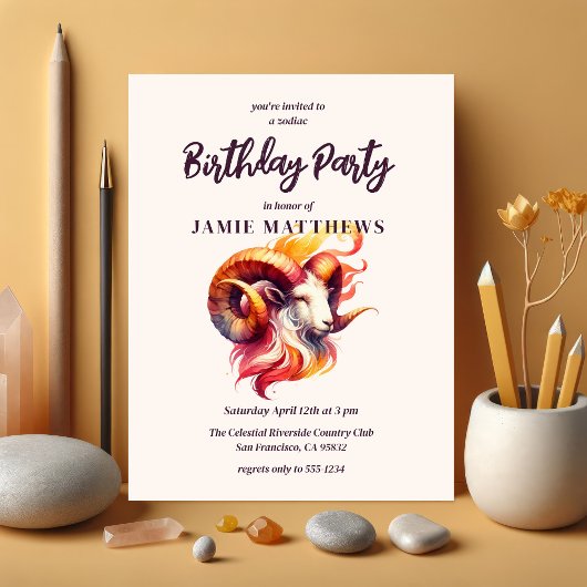 牡羊水色ラム〔占星術の〕十二宮図をテーマにした誕生日パーティー インビテーションポストカード