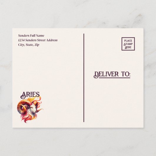 牡羊水色ラム〔占星術の〕十二宮図をテーマにした誕生日パーティー インビテーションポストカード (裏面)