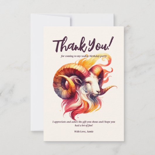 牡羊水色ラム〔占星術の〕十二宮図をテーマにした誕生日パーティー サンキューカード (正面)