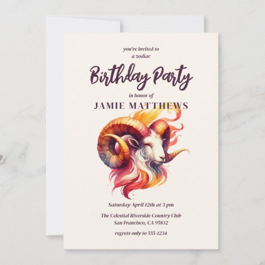 牡羊水色ラム〔占星術の〕十二宮図をテーマにした誕生日パーティー 招待状 (正面)