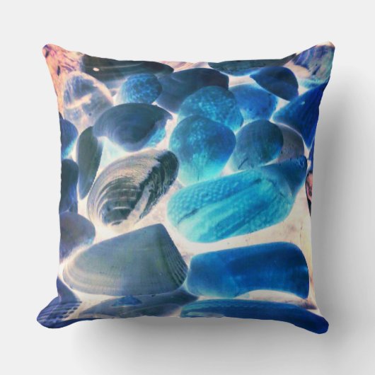 牡蠣の貝殻、色は青から鮭に変わった クッション (正面)