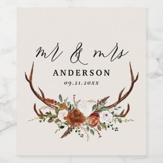 牡鹿田舎植物学結婚のミスターとミセス・スクリプトn ワインラベル (シングルラベル)