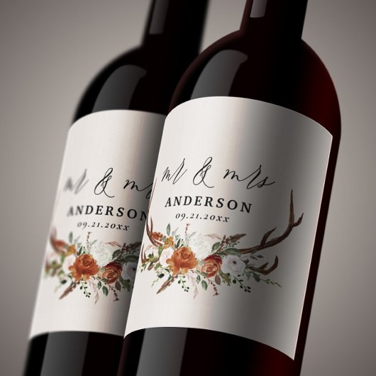 牡鹿田舎植物学結婚のミスターとミセス・スクリプトn ワインラベル