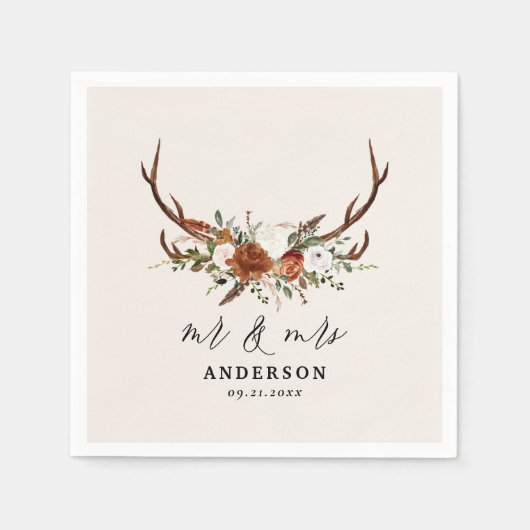 牡鹿田舎植物学結婚のmrとmrsスクリプト スタンダードカクテルナプキン (正面)