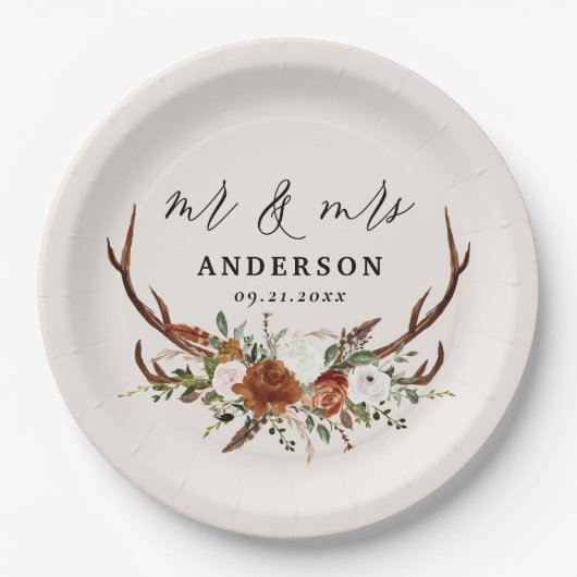 牡鹿田舎植物学結婚のmrとmrsスクリプト ペーパープレート (正面)