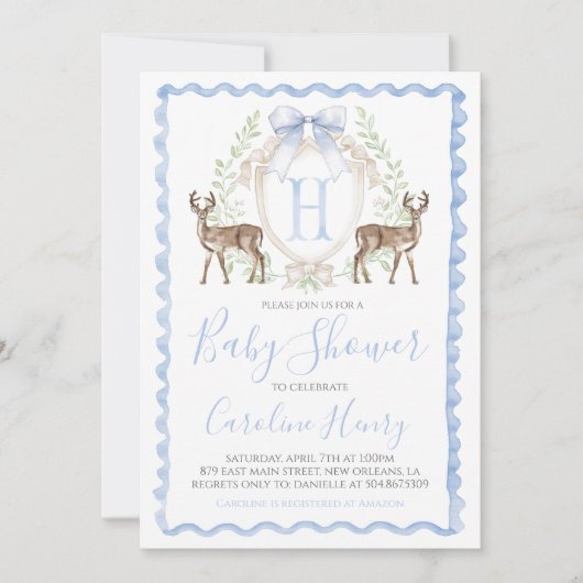 牡鹿赤ちゃんシャワージンガ名門私立校風のムブルー 招待状 (正面)