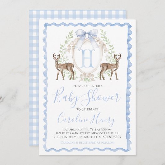 牡鹿赤ちゃんシャワージンガ名門私立校風のムブルー 招待状 (正面/裏面)