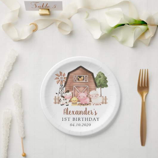 牧場の動物たち かわいい動物たち 納屋 一歳の誕生日 ペーパープレート (ウェディング)