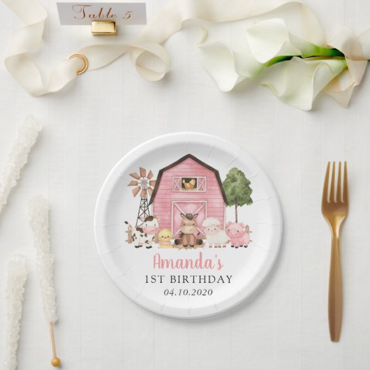 牧場の動物たち かわいい動物たち 納屋 一歳の誕生日 ペーパープレート (ウェディング)