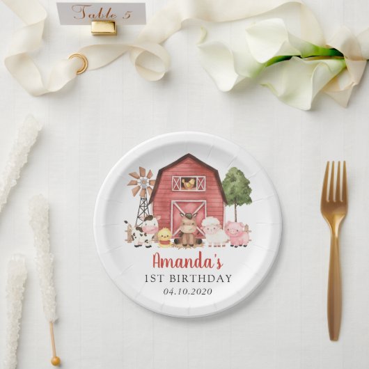 牧場の動物たち かわいい動物たち 納屋 一歳の誕生日 ペーパープレート (ウェディング)