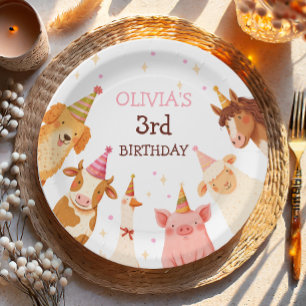 牧場の動物たち 女子 ピンク ギンガムチェック 農場 誕生日 ペーパープレート