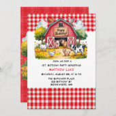 牧場の動物たち 男の子の1歳の誕生日パーティー 招待状 (正面/裏面)