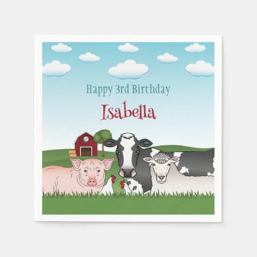 牧場の動物のイラスト 農場の子供の誕生日 スタンダードカクテルナプキン (正面)