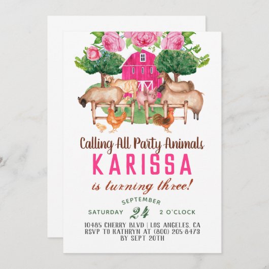 牧場の動物の誕生日パーティー招待状 招待状 (正面/裏面)