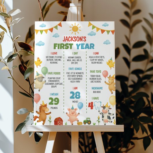 牧場の動物1歳の誕生日記念プレート ポスター