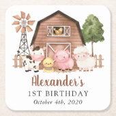 牧場の動物, かわいい動物, 納屋, 初めての誕生日 スクエアペーパーコースター (正面)