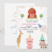 牧場の動物 ガール ギンガム 農場 誕生日 招待状 (正面/裏面)