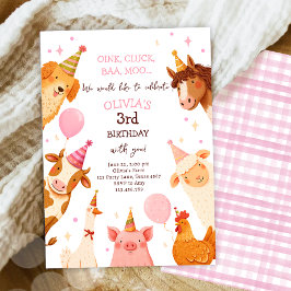 牧場の動物 ガール ピンク ギンガム 農場 誕生日 招待状