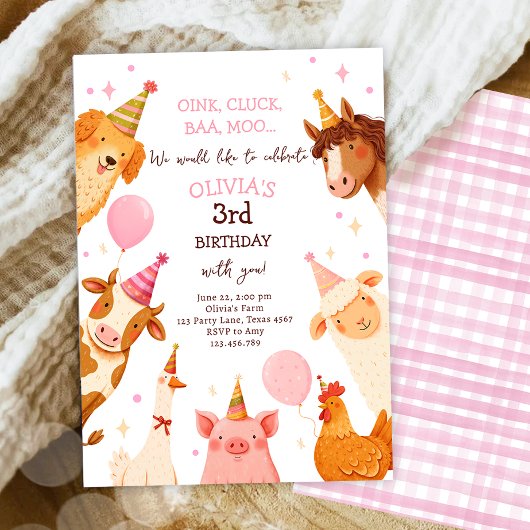 牧場の動物 ガール ピンク ギンガム 農場 誕生日 招待状