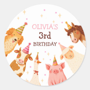 牧場の動物 女の子 ピンクのギンガムチェック 農場の誕生日 ラウンドシール