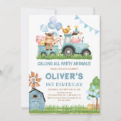 牧場の動物、納屋、牧場の少年たち 1歳の誕生日 招待状 (正面)