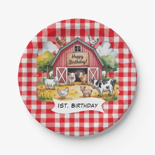 牧場の動物 1歳の誕生日パーティー ペーパープレート (正面)