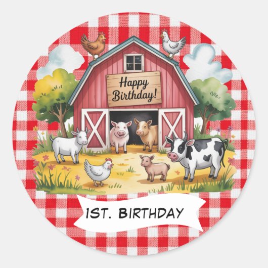 牧場の動物 1歳の誕生日パーティー ラウンドシール (正面)