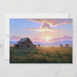牧場の夕日と朝日を描いた絵 古い農場の廃屋 シーズンカード