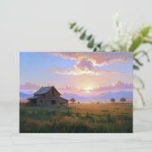 牧場の夕日と朝日を描いた絵 古い農場の廃屋 シーズンカード (スタンド正面)