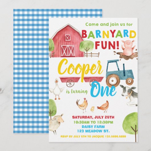 牧場の楽しい1歳の誕生日パーティー 動物たち 青 招待状 (正面/裏面)