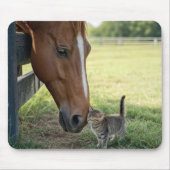 牧場の牧草地にいる子猫と馬 マウスパッド (正面)