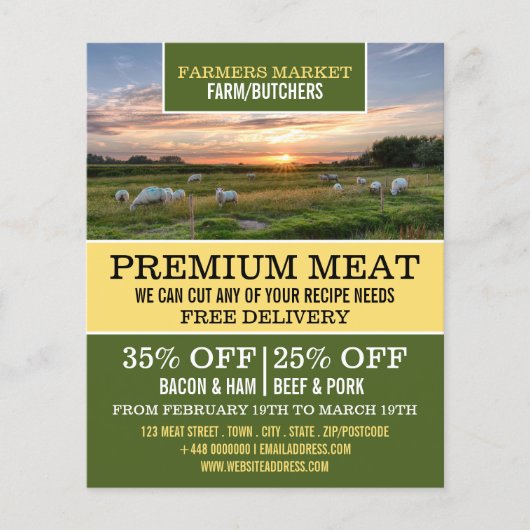 牧場の羊、農家と肉屋の広告 チラシ (正面)