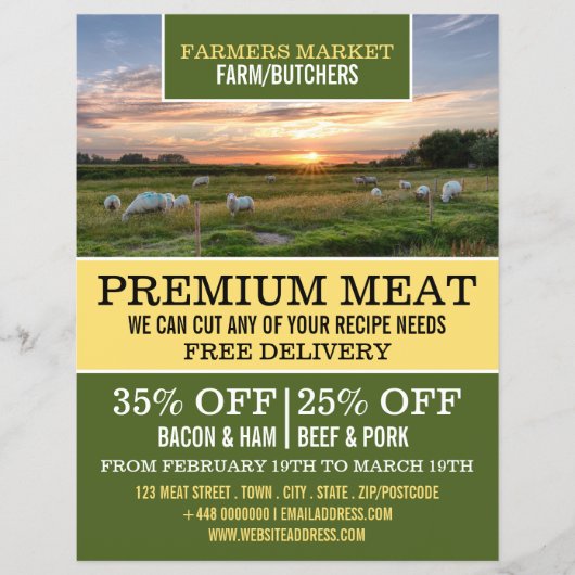 牧場の羊、農家と肉屋の広告 チラシ (正面)