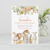 牧場の農場動物の少女 フローラル ピンクの誕生日 招待状 (スタンド正面)