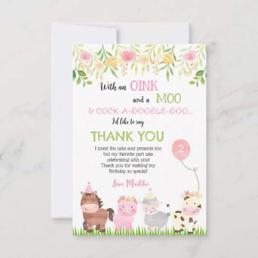 牧場の農場動物の誕生日お礼カード 招待状 (正面)