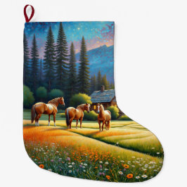 牧場の野花の草原の馬 ラージクリスマスストッキング
