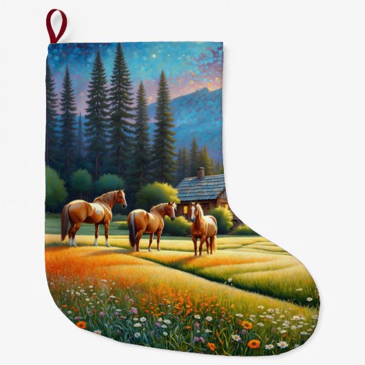 牧場の野花の草原の馬 ラージクリスマスストッキング (正面)