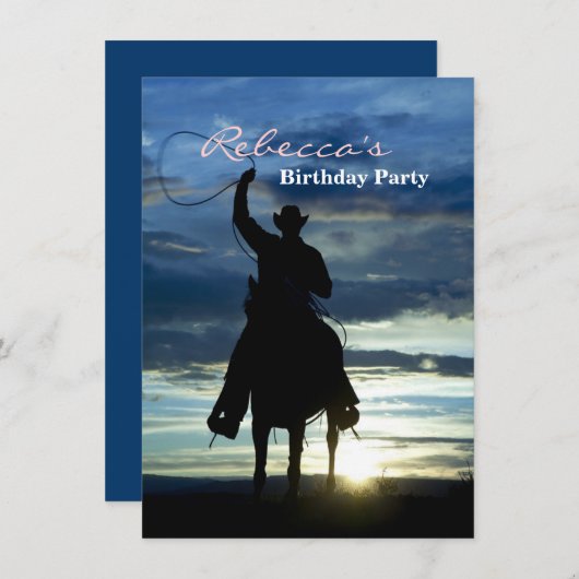牧場日没の乗馬のカウボーイのシルエット 招待状 (正面/裏面)