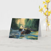 牧場馬およびアンガスの牛群れのドライブおよび川 カード (黄色い花)