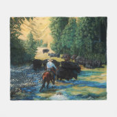 牧場馬、川のアンガスの牛群れはcartooned フリースブランケット (正面(横))