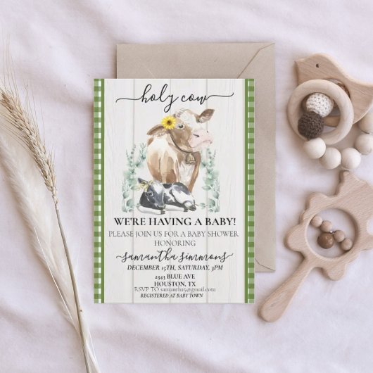 牧場 ホーリーカウ カルベイビー シャワー ギンガムグリーン 招待状