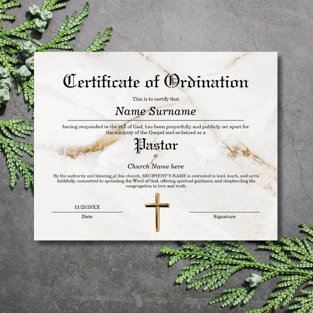 牧師の教会の戒厳証書 (certificate of ordination with white marble background and a gold cross)