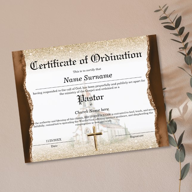 牧師の教会の戒厳証書 (church ordination certificate with brown agate and gold glitter combined with watercolor church )