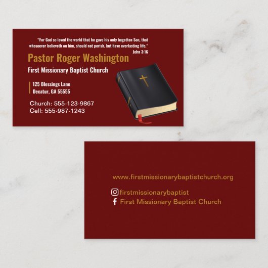 牧師またはディーコン聖書教会の名刺 名刺 (正面/裏面)